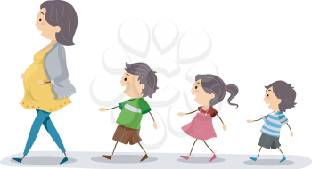 Illustration of a Pregnant Mom Being Followed by Her Kids