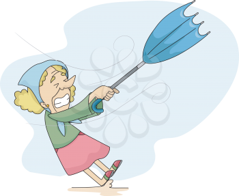 Royalty Free Clipart Image of an Older Woman With an Umbrella on a Windy Day