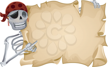 Royalty Free Clipart Image of a Pirate Skeleton Holding a Blank Paper