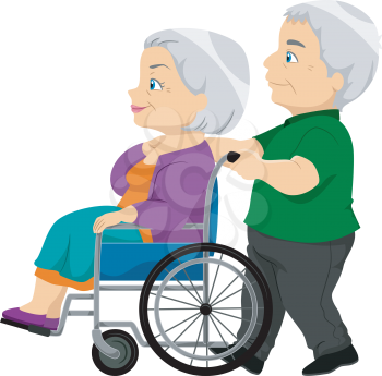 Royalty Free Clipart Image of a Man Pushing a Woman in a Wheelchair