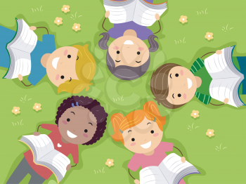 Royalty Free Clipart Image of Children Reading Books in a Field