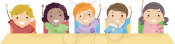 Royalty Free Clipart Image of Children With Their Hands Raised