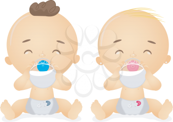Royalty Free Clipart Image of Babies With Bottles