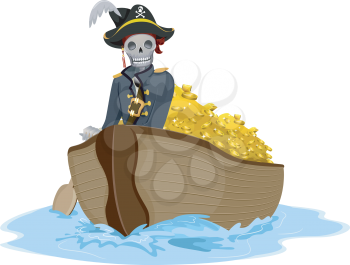 Royalty Free Clipart Image of a Pirate in a Boat With Gold