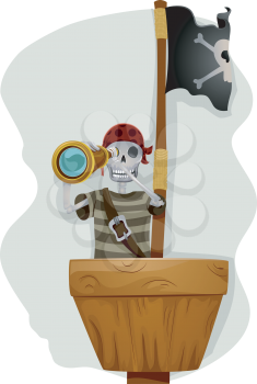 Royalty Free Clipart Image of a Skeleton Pirate in the Crow's Nest
