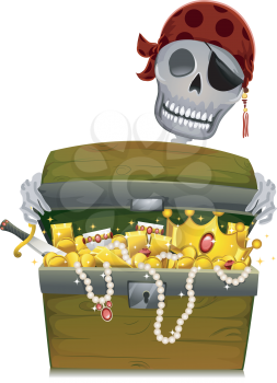 Royalty Free Clipart Image of a Pirate With a Chest of Gold