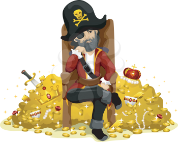 Royalty Free Clipart Image of a Pirate Sitting in a Chair Beside Treasure