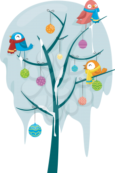 Royalty Free Clipart Image of Birds in a Tree Wearing Scarves