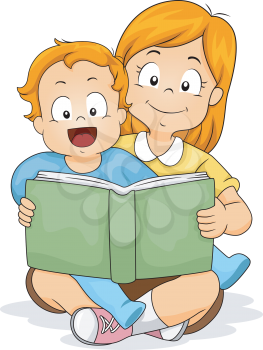 Royalty Free Clipart Image of a Sister Reading to Her Baby Brother