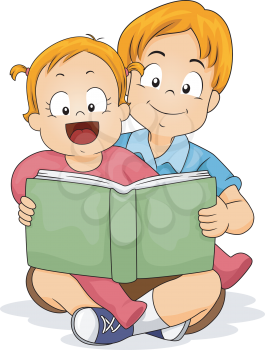 Royalty Free Clipart Image of a Boy Reading to His Baby Sister