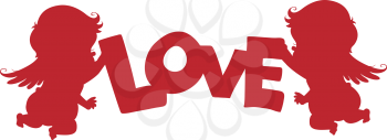 Royalty Free Clipart Image of Cupids Holding the Word Love
