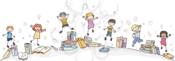 Royalty Free Clipart Image of Children Jumping With Books