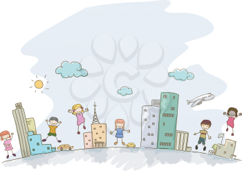 Royalty Free Clipart Image of Happy Children in an Urban Centre