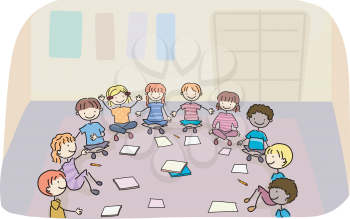 Royalty Free Clipart Image of Children Doing Work in a Circle in a Classroom