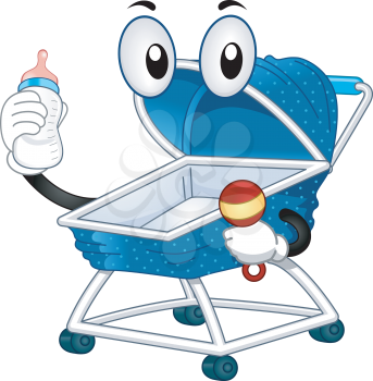 Royalty Free Clipart Image of a Baby Buggy Holding a Bottle and Rattle