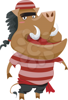 Royalty Free Clipart Image of a Boar in a Striped Pirate Shirt