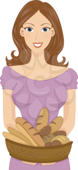Royalty Free Clipart Image of a Woman With a Basket of Assorted Breads