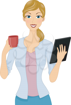 Royalty Free Clipart Image of a Woman Holding a Cup and a Computer Tablet