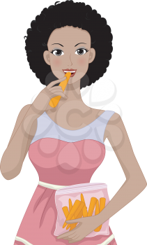 Royalty Free Clipart Image of a Woman Munching Carrot Sticks