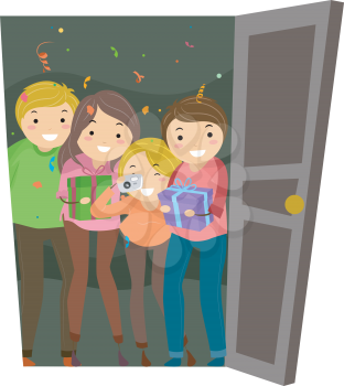 Royalty Free Clipart Image of a Surprise Party Guests at an Open Door