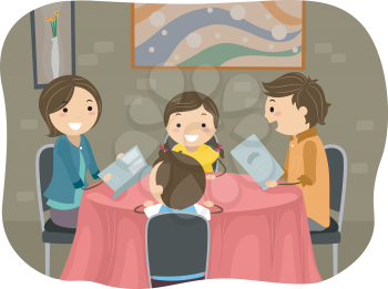 Royalty Free Clipart Image of a Family Having Dinner Out