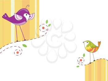 Royalty Free Clipart Image of Two Birds on Fences