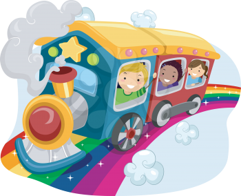 Royalty Free Clipart Image of Children on a Rainbow Train