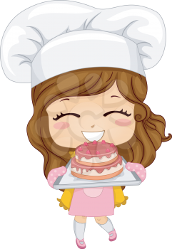 Royalty Free Clipart Image of a Little Girl Baking a Cake