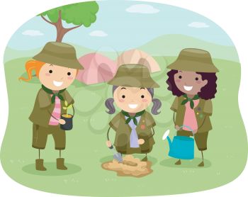 Royalty Free Clipart Image of Girl Scouts Planint a Tree