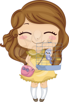 Royalty Free Clipart Image of a Little Girl Holding a Bird in a Cage
