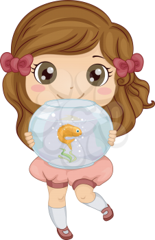 Royalty Free Clipart Image of a Girl With a Goldfish in a Bowl