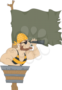 Royalty Free Clipart Image of a Pirate in a Crow's Nest