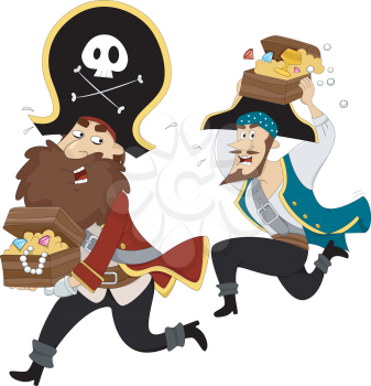Royalty Free Clipart Image of Pirates Running Away With Treasure