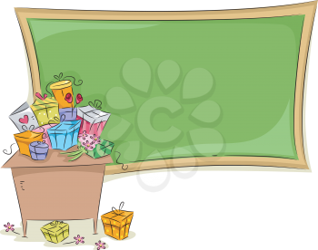 Royalty Free Clipart Image of a Teacher's Desk Covered in Gifts