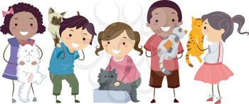 Illustration of Stick Kids with their Pet Cats