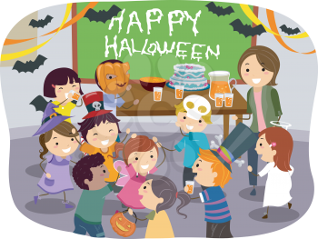 Illustration of Stickman Kids having Halloween Party at School