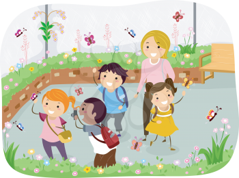 Illustration of Stickman Kids in a School Trip at Butterfly Garden