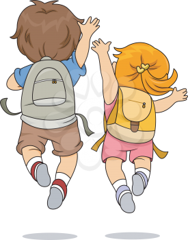 Back View Illustration of Little Male and Female Kids wearing Backpacks Jumping Merrily
