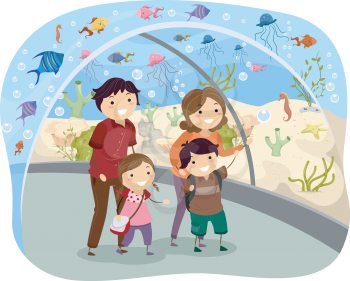 Illustration of Stickman Family Visiting an Oceanarium