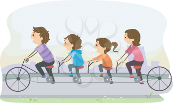 Illustration of Stickman Family Riding a Tandem Bicycle