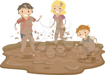 Illustration of Stickman Family Playing in the Mud