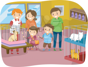 Illustration of Stickman Family Buying a Cat From a Pet Store