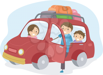 Illustration of Stickman Family Traveling in a Car