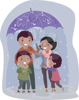 Illustration of Stickman Family Under an Umbrella Sheltering From the Rain