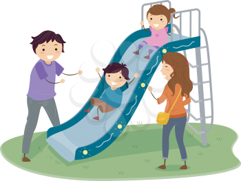 Illustration of Stickman Family in a Playground with Kids Playing in Slide