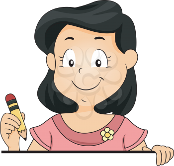 Illustration of a Little Kid Girl holding a Pencil Standing behind a Blank Board