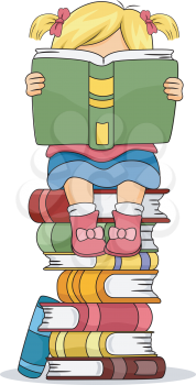 Illustration of a Little Kid Girl Sitting on Pile of Books while Reading a Book