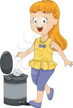 Illustration of a Female Kid Throwing Garbage in the Trash Bin