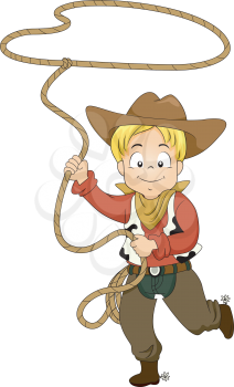 Illustration of a Kid Boy wearing a Cowboy Costume while swinging a Rope