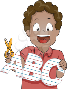 Illustration of Little Kid Boy Cut Out ABC Letters from Paper
